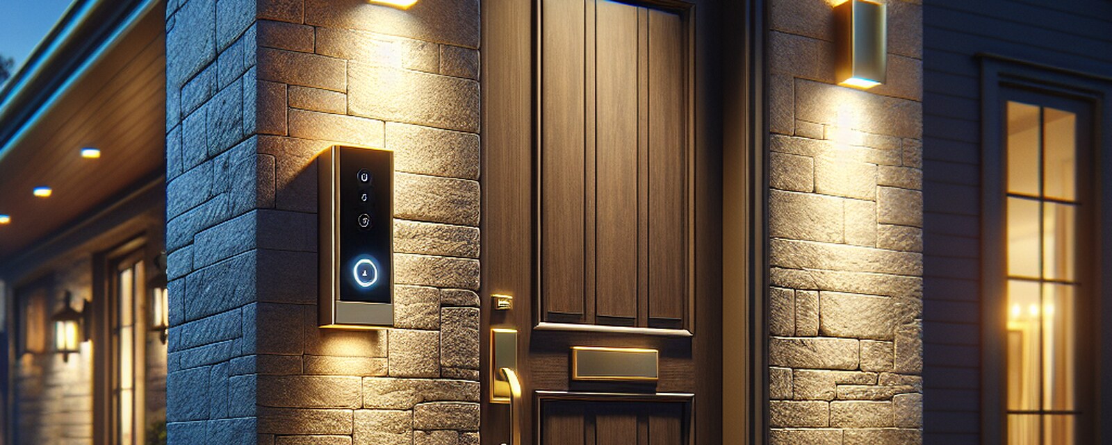 A front entrance at dusk — stone, a timber door, wall sconces washing the stone, path lights and a keypad beside the door.