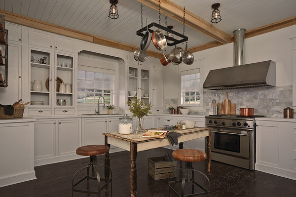 A finished farmhouse kitchen with beamed ceiling, pendant lighting and a pot rack — no visible automation.